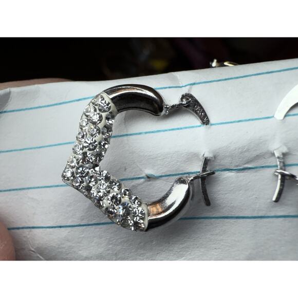 925 Sterling Silver Crystal Hoop Earrings Heart Pattern - Picture 6 of 9